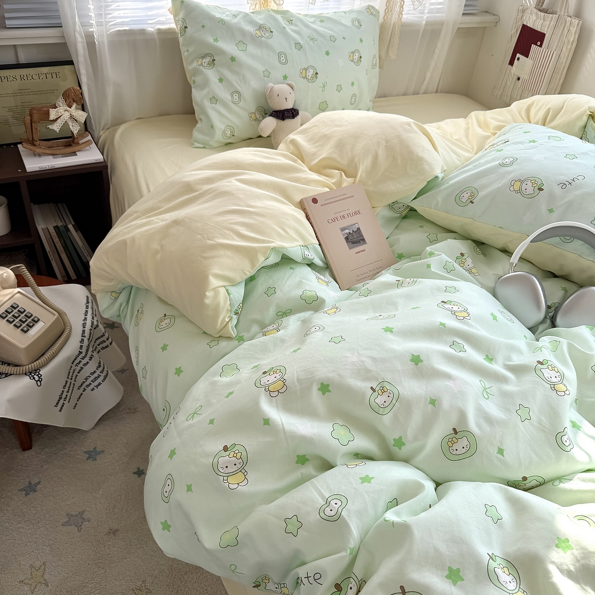 91家纺网 家纺一手货源 找家纺 原素 2026新款小清新水洗双层纱四件套 苹果猫咪