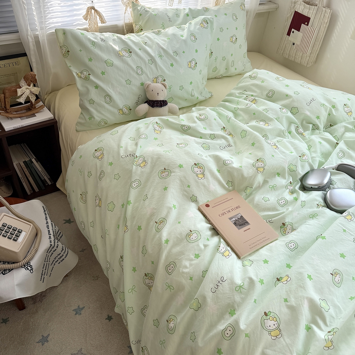 91家纺网 家纺一手货源 找家纺 原素 2026新款小清新水洗双层纱四件套 苹果猫咪