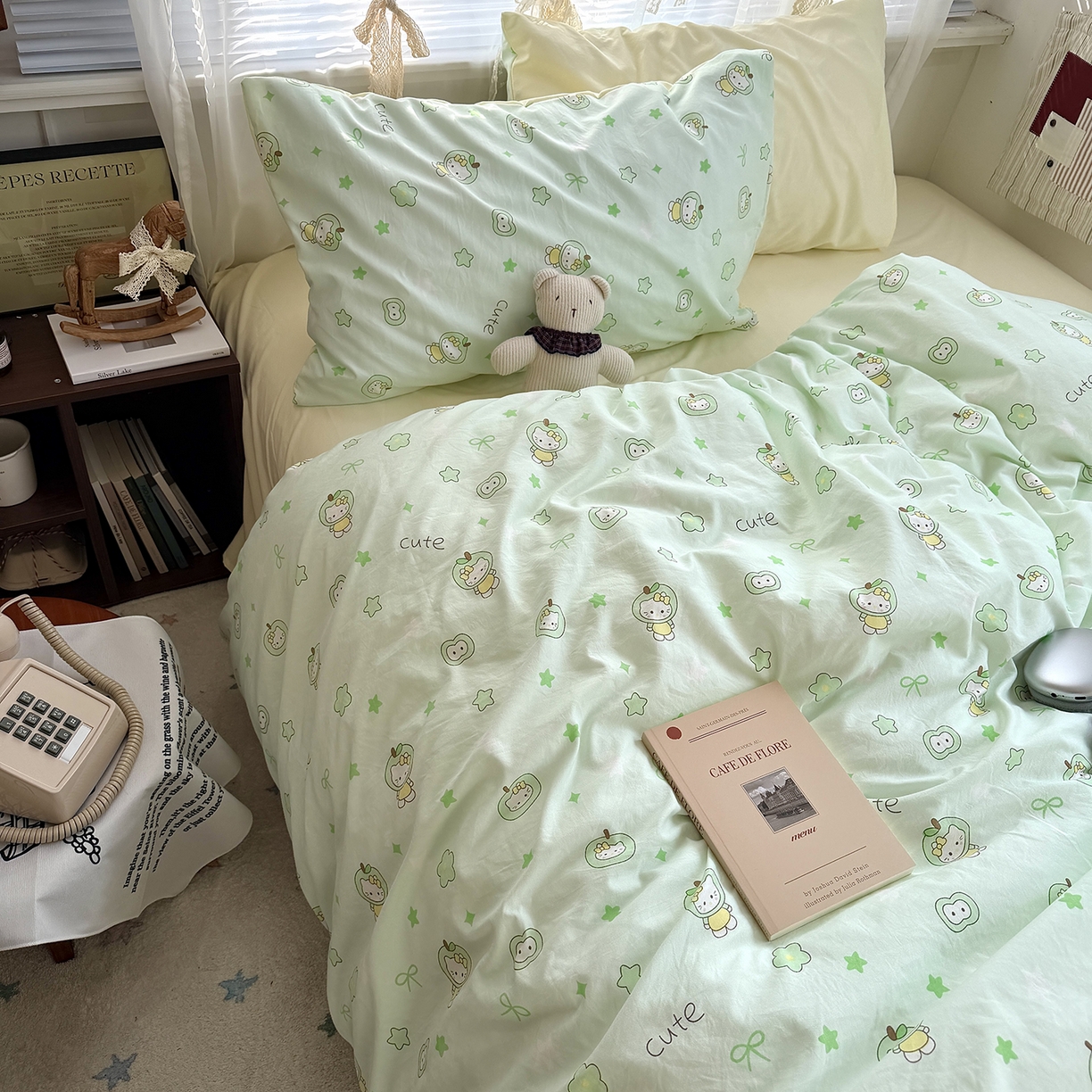 91家纺网 家纺一手货源 找家纺 原素 2026新款小清新水洗双层纱四件套 苹果猫咪