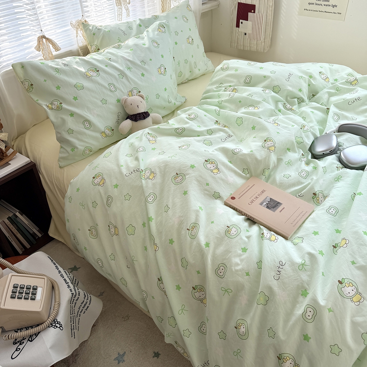 91家纺网 家纺一手货源 找家纺 原素 2026新款小清新水洗双层纱四件套 苹果猫咪