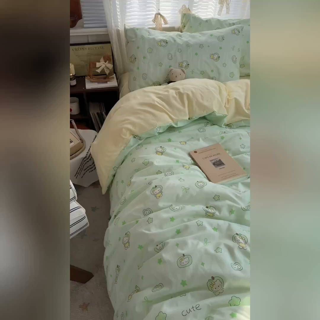 91家纺网 家纺一手货源 找家纺 原素 2026新款小清新水洗双层纱四件套 苹果猫咪