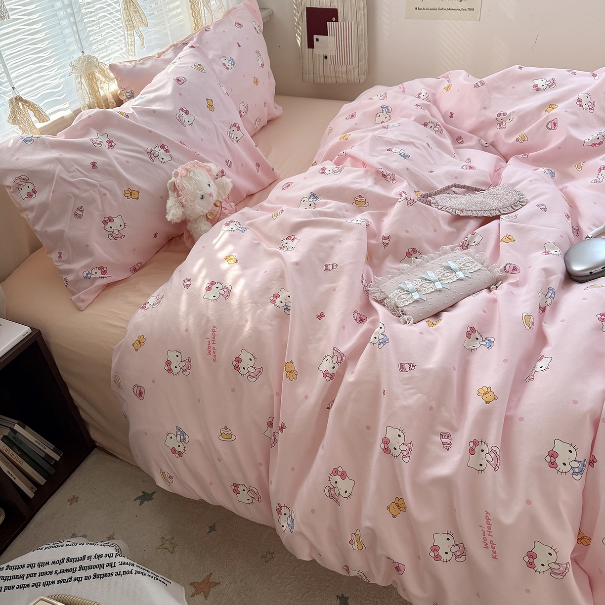 91家纺网 家纺一手货源 找家纺 原素 2026新款小清新水洗双层纱四件套 少女猫咪酱