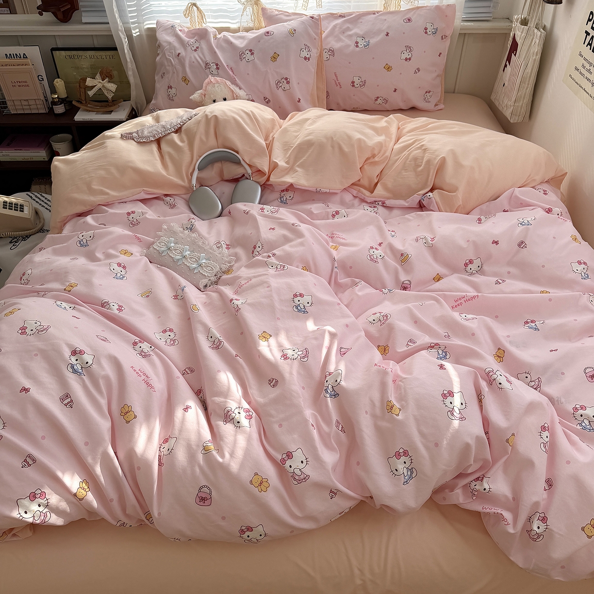 91家纺网 家纺一手货源 找家纺 原素 2026新款小清新水洗双层纱四件套 少女猫咪酱