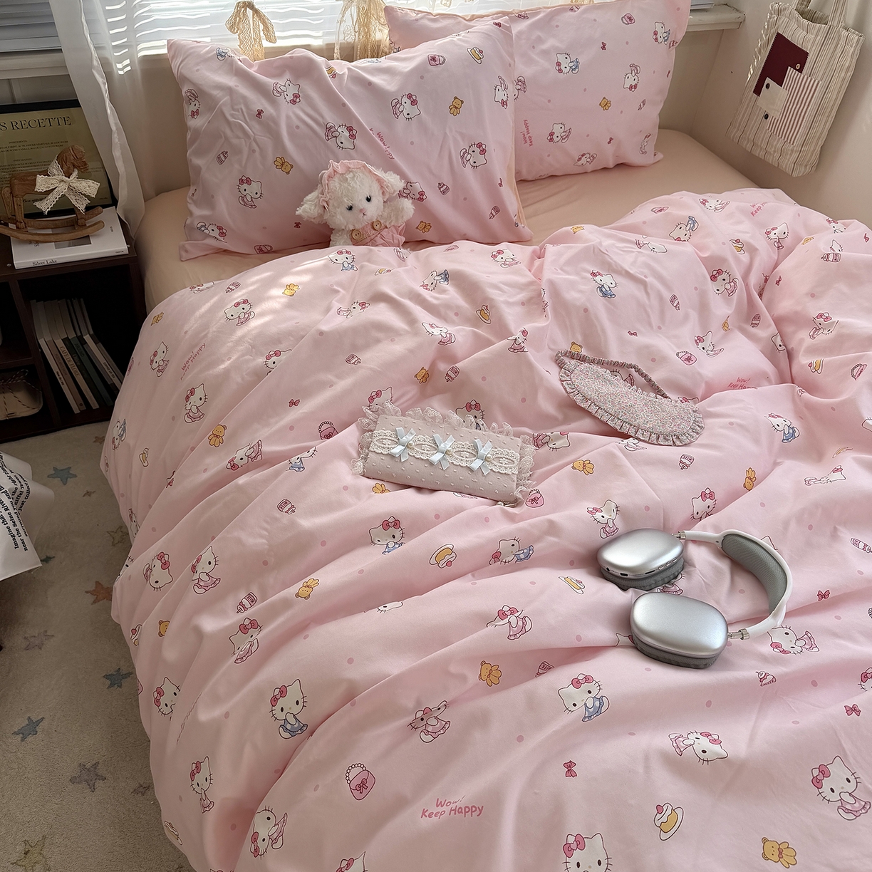 91家纺网 家纺一手货源 找家纺 原素 2026新款小清新水洗双层纱四件套 少女猫咪酱