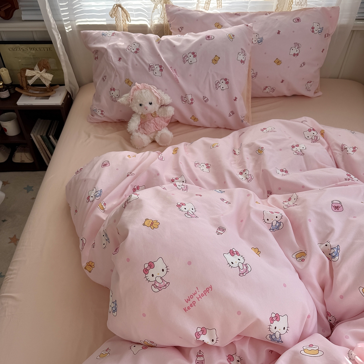 91家纺网 家纺一手货源 找家纺 原素 2026新款小清新水洗双层纱四件套 少女猫咪酱