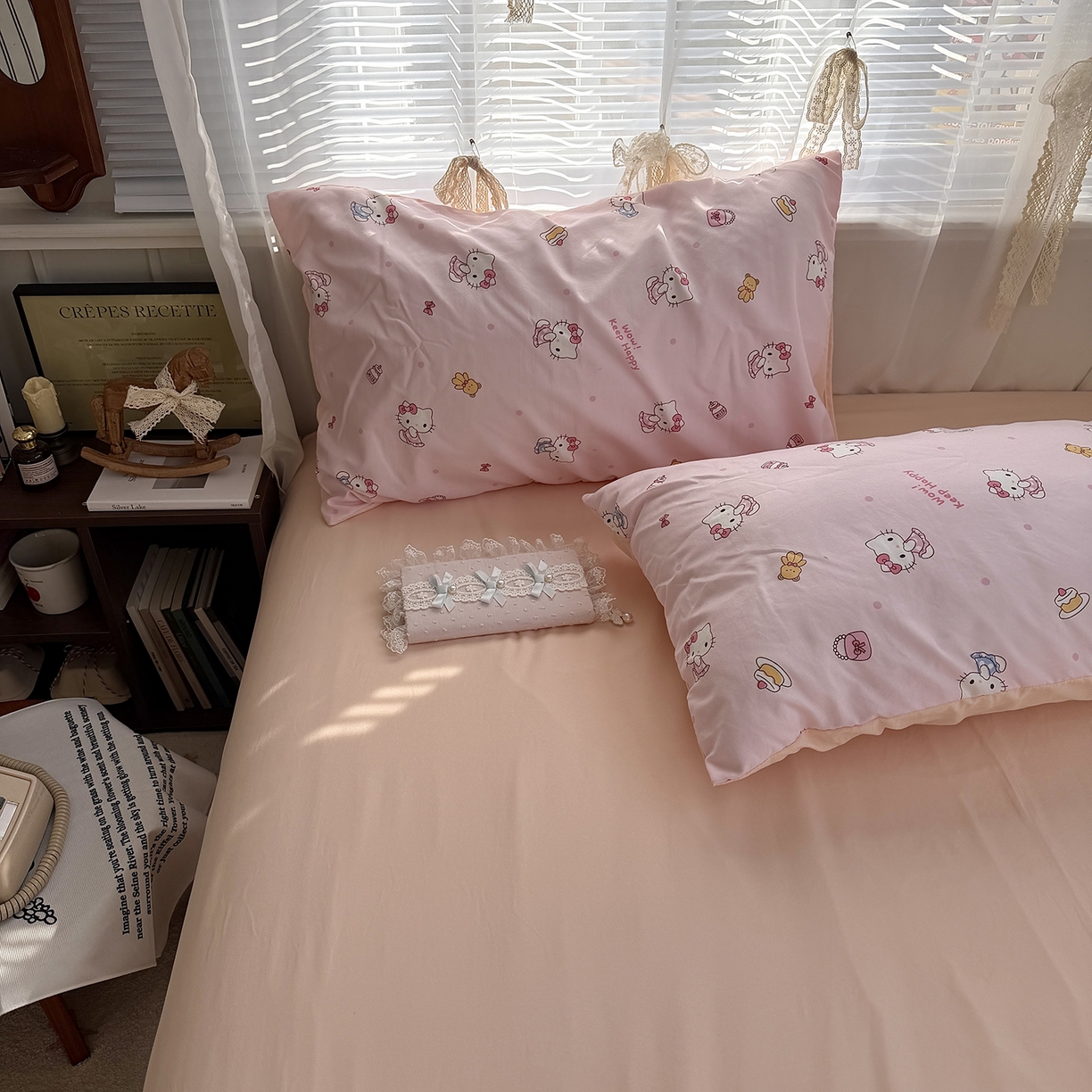 91家纺网 家纺一手货源 找家纺 原素 2026新款小清新水洗双层纱四件套 少女猫咪酱