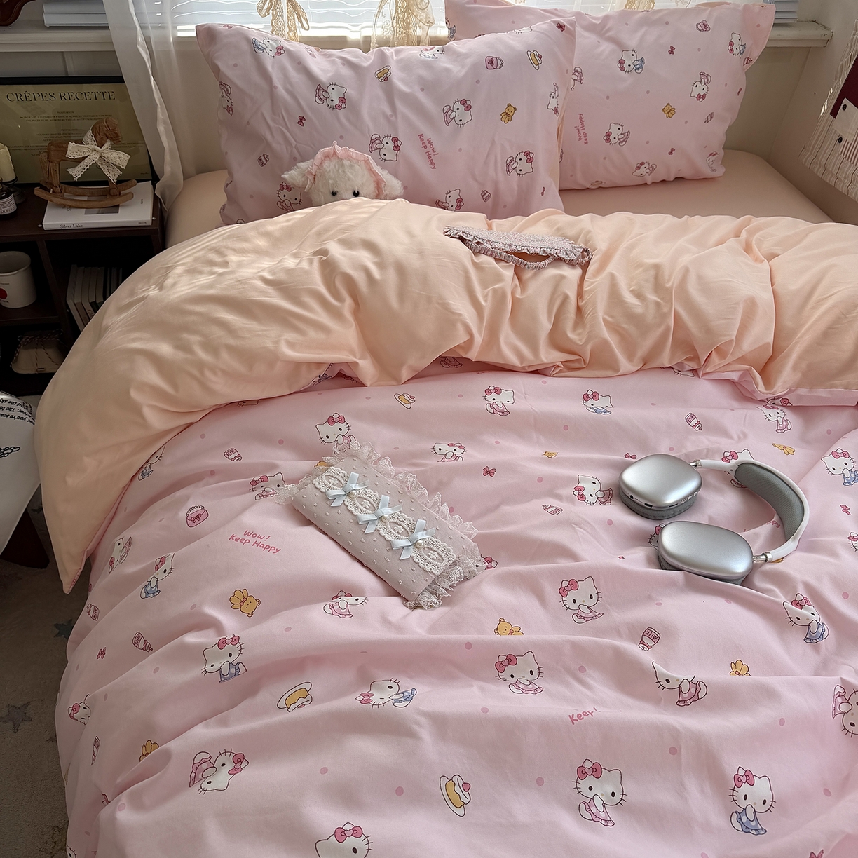 91家纺网 家纺一手货源 找家纺 原素 2026新款小清新水洗双层纱四件套 少女猫咪酱