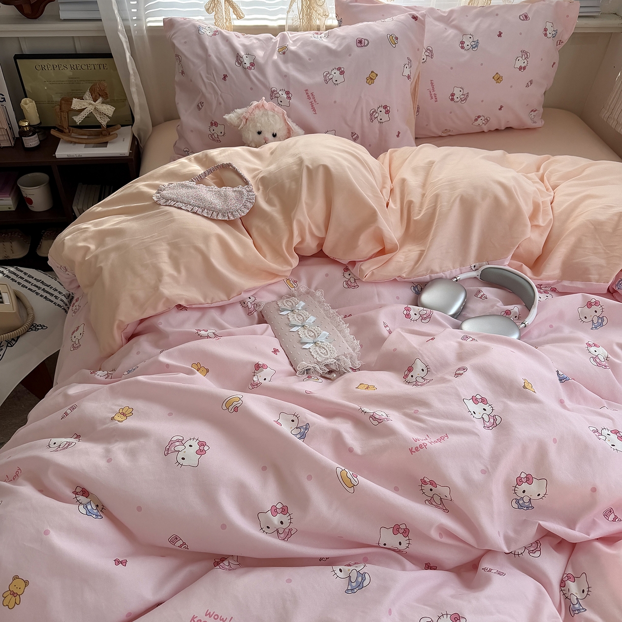 91家纺网 家纺一手货源 找家纺 原素 2026新款小清新水洗双层纱四件套 少女猫咪酱