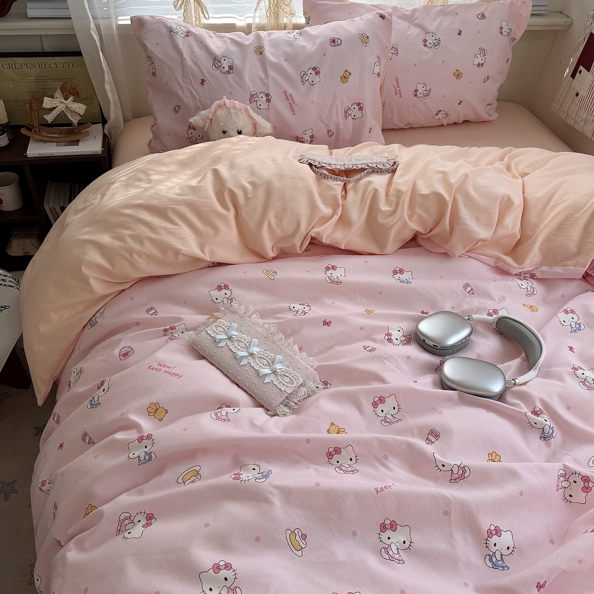 91家纺网 家纺一手货源 找家纺 原素 2026新款小清新水洗双层纱四件套 少女猫咪酱