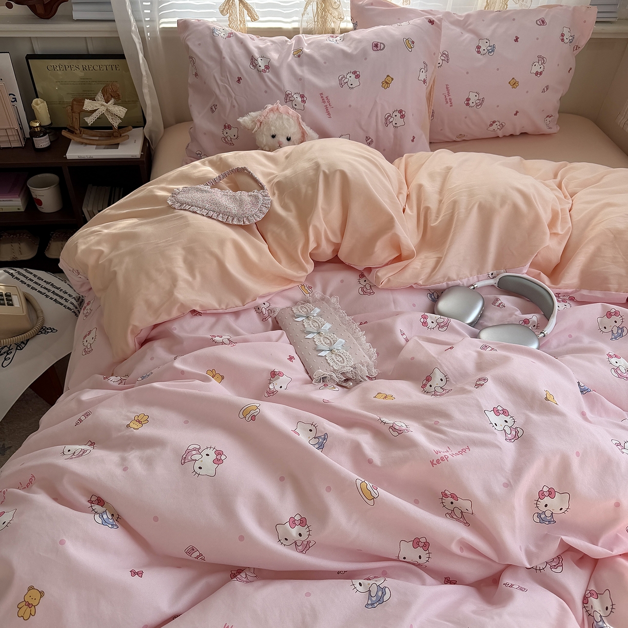 91家纺网 家纺一手货源 找家纺 原素 2026新款小清新水洗双层纱四件套 少女猫咪酱