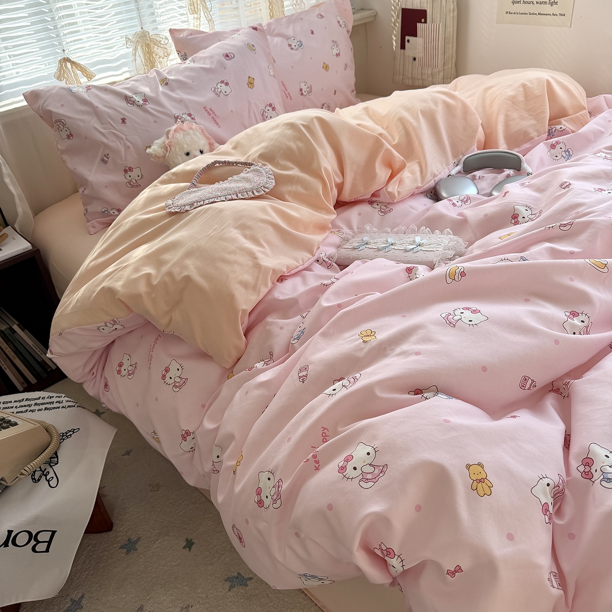 91家纺网 家纺一手货源 找家纺 原素 2026新款小清新水洗双层纱四件套 少女猫咪酱