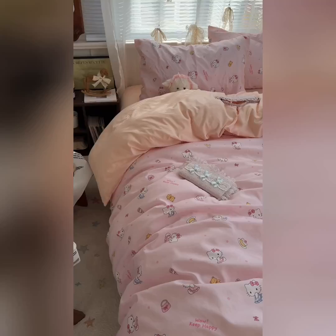 91家纺网 家纺一手货源 找家纺 原素 2026新款小清新水洗双层纱四件套 少女猫咪酱