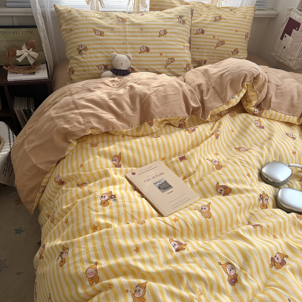 91家纺网 家纺一手货源 找家纺 原素 2026新款小清新水洗双层纱四件套 条纹星宝