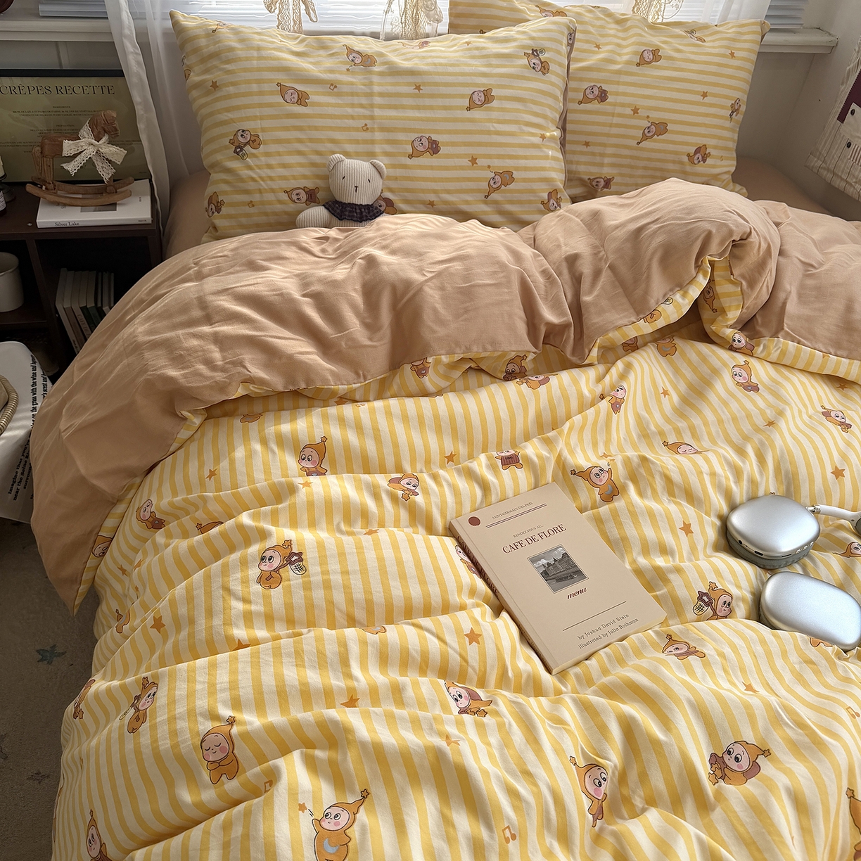 91家纺网 家纺一手货源 找家纺 原素 2026新款小清新水洗双层纱四件套 条纹星宝