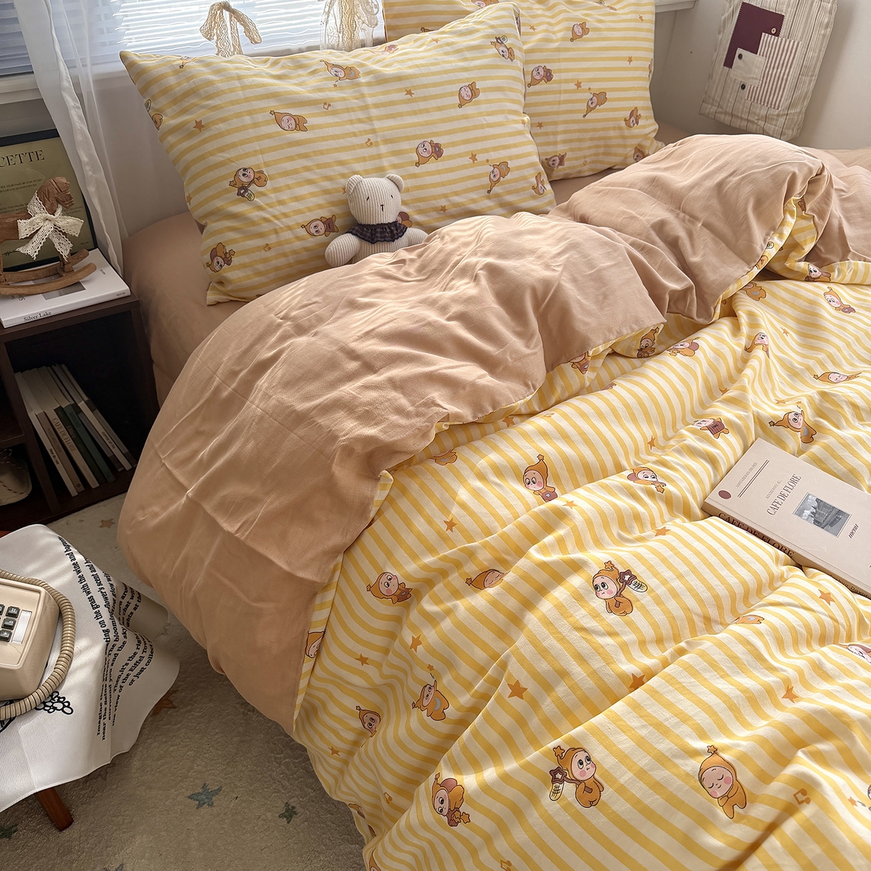 91家纺网 家纺一手货源 找家纺 原素 2026新款小清新水洗双层纱四件套 条纹星宝