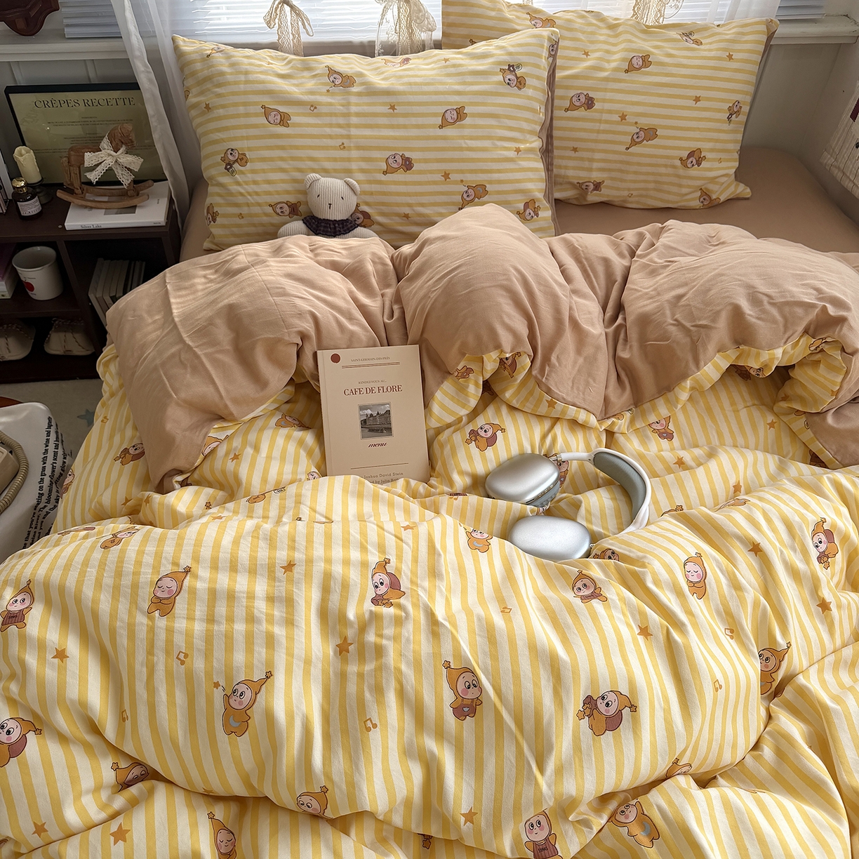 91家纺网 家纺一手货源 找家纺 原素 2026新款小清新水洗双层纱四件套 条纹星宝