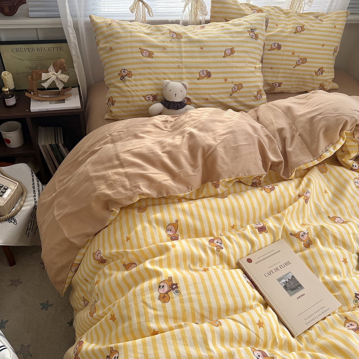 91家纺网 家纺一手货源 找家纺 原素 2026新款小清新水洗双层纱四件套 条纹星宝