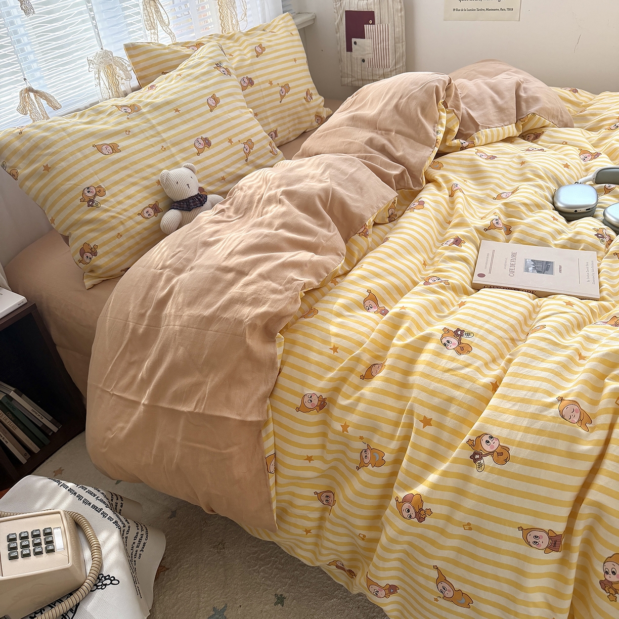 91家纺网 家纺一手货源 找家纺 原素 2026新款小清新水洗双层纱四件套 条纹星宝