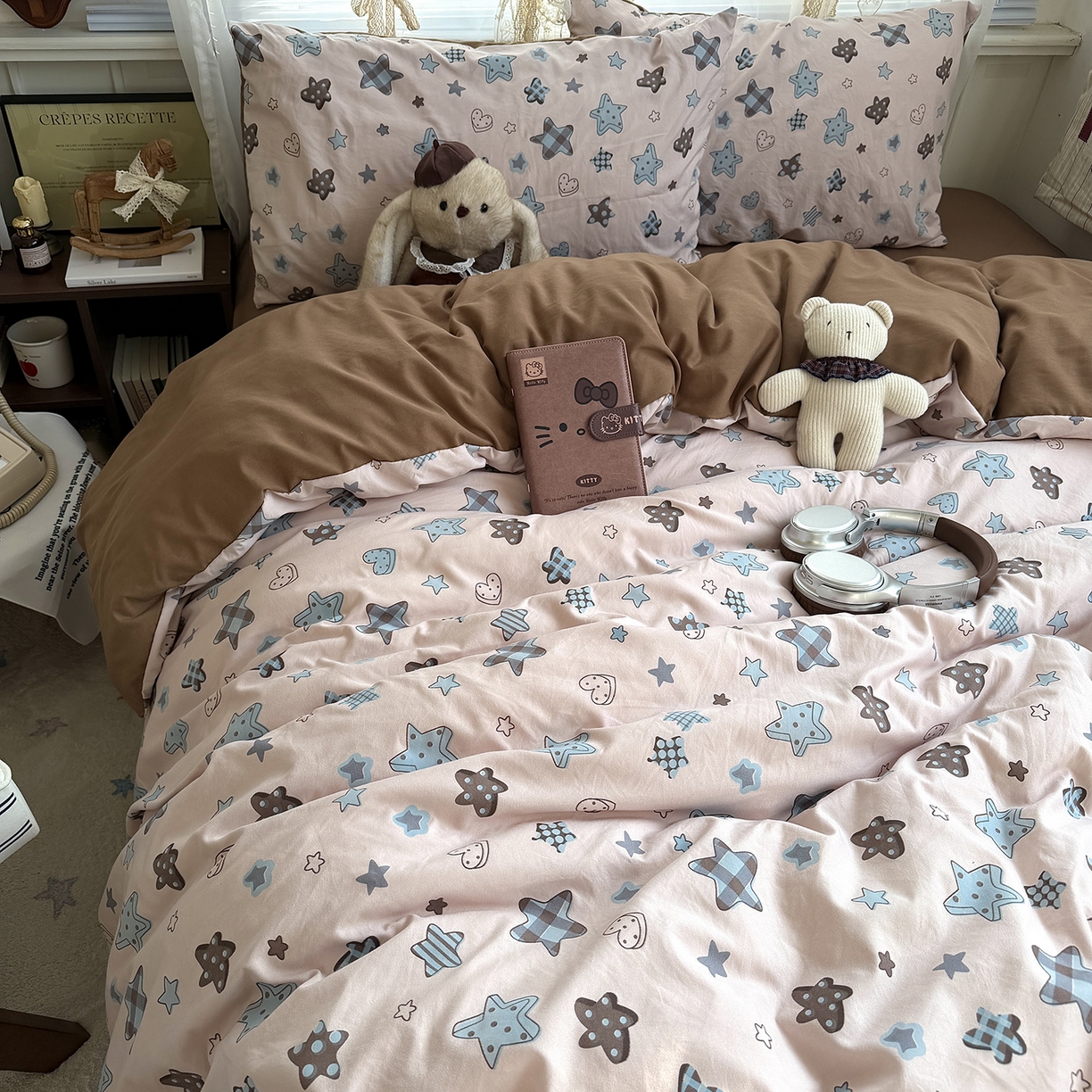 91家纺网 家纺一手货源 找家纺 原素 2026新款小清新水洗双层纱四件套 五角星星