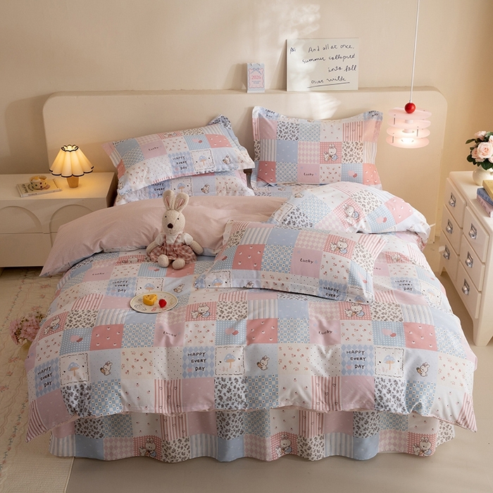 八十八家纺 2025新款全棉12868床裙款四件套 花点小兔