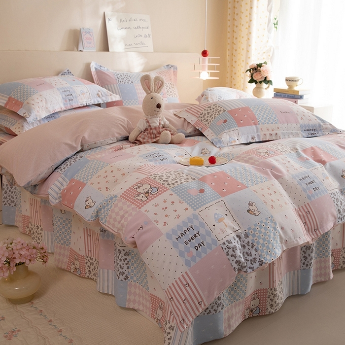 91家纺网 家纺一手货源 找家纺 八十八家纺 2025新款全棉12868床裙款四件套 花点小兔