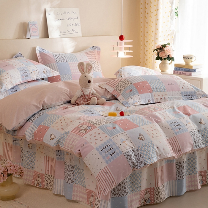 91家纺网 家纺一手货源 找家纺 八十八家纺 2025新款全棉12868床裙款四件套 花点小兔