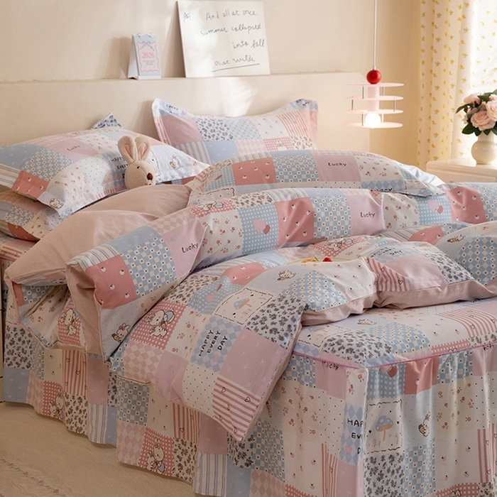 91家纺网 家纺一手货源 找家纺 八十八家纺 2025新款全棉12868床裙款四件套 花点小兔