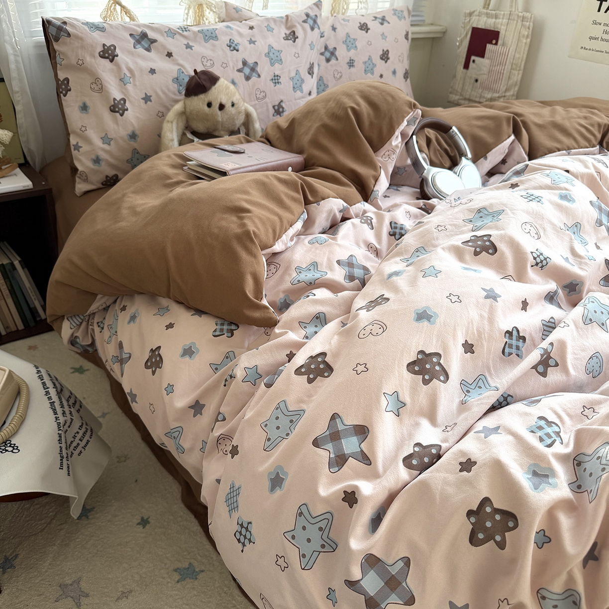 91家纺网 家纺一手货源 找家纺 原素 2026新款小清新水洗双层纱四件套 五角星星