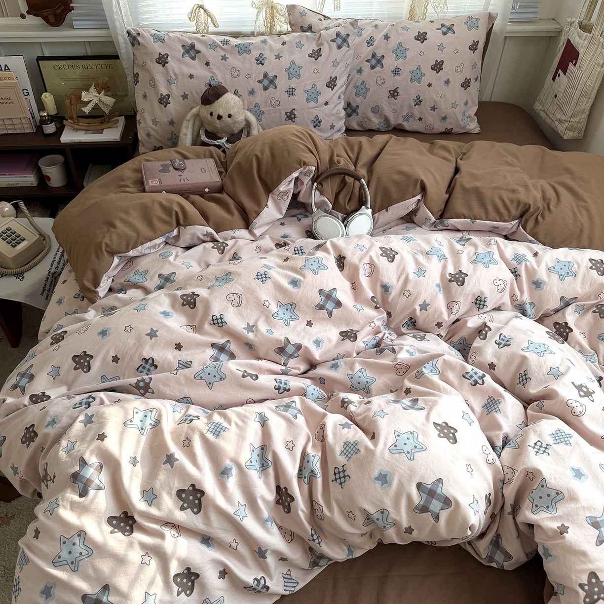 91家纺网 家纺一手货源 找家纺 原素 2026新款小清新水洗双层纱四件套 五角星星