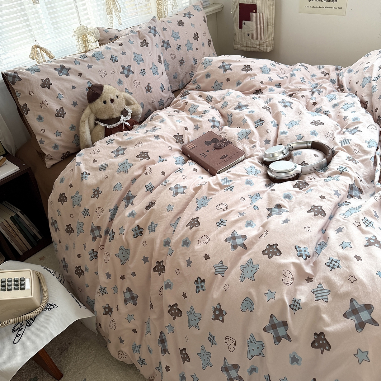 91家纺网 家纺一手货源 找家纺 原素 2026新款小清新水洗双层纱四件套 五角星星