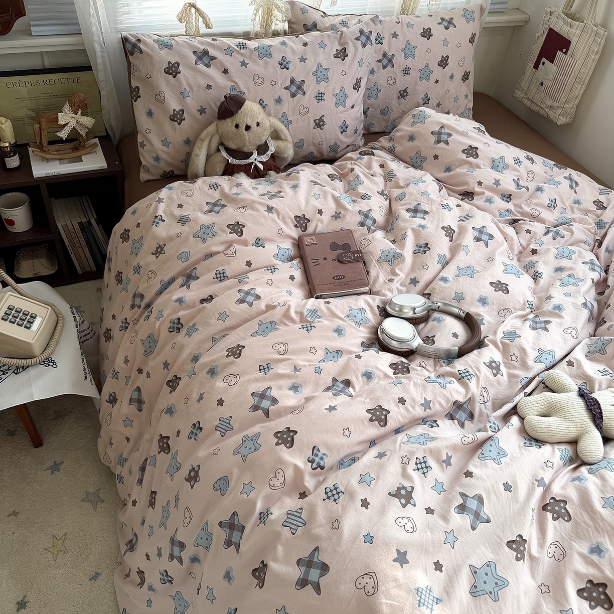 91家纺网 家纺一手货源 找家纺 原素 2026新款小清新水洗双层纱四件套 五角星星