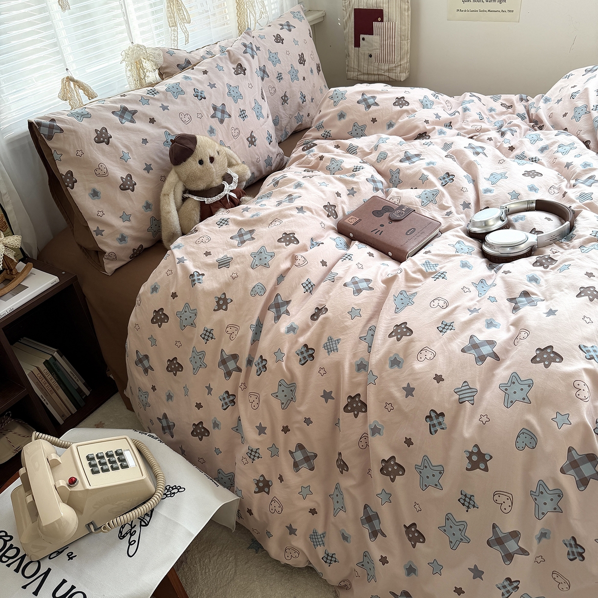 91家纺网 家纺一手货源 找家纺 原素 2026新款小清新水洗双层纱四件套 五角星星