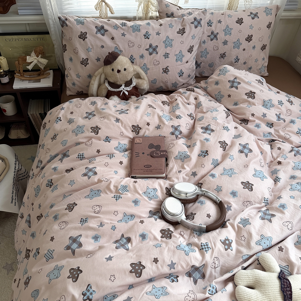 91家纺网 家纺一手货源 找家纺 原素 2026新款小清新水洗双层纱四件套 五角星星