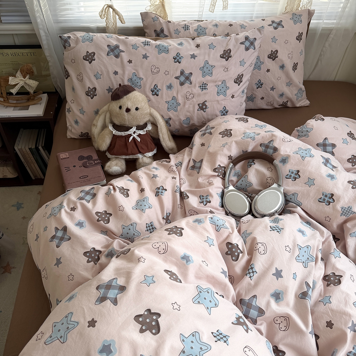 91家纺网 家纺一手货源 找家纺 原素 2026新款小清新水洗双层纱四件套 五角星星