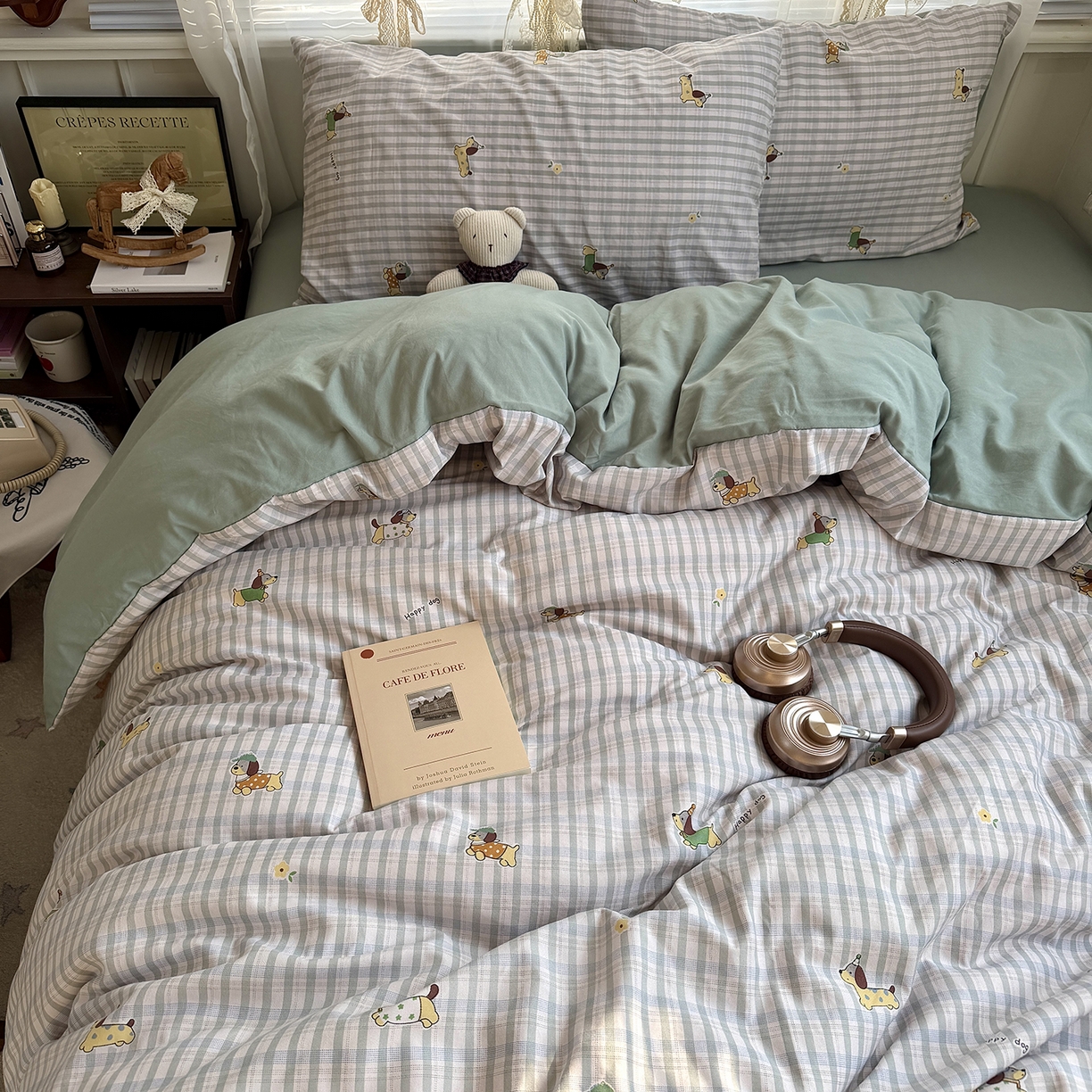 91家纺网 家纺一手货源 找家纺 原素 2026新款小清新水洗双层纱四件套 小狗欢乐颂