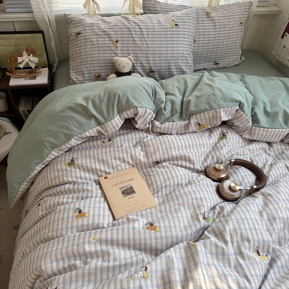 91家纺网 家纺一手货源 找家纺 原素 2026新款小清新水洗双层纱四件套 小狗欢乐颂