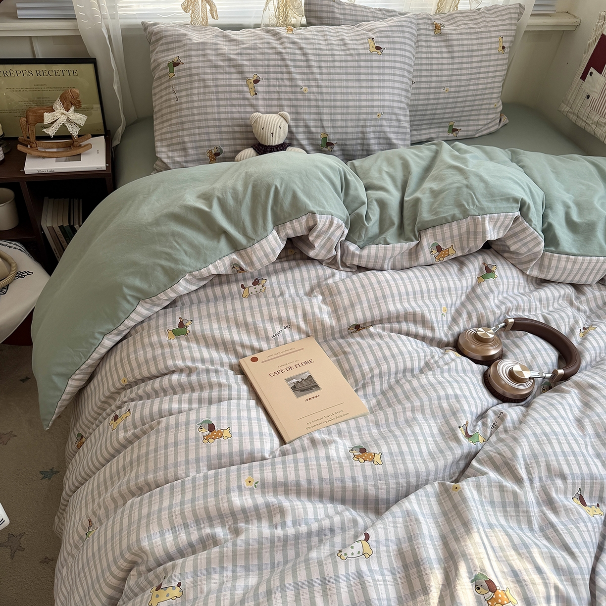 91家纺网 家纺一手货源 找家纺 原素 2026新款小清新水洗双层纱四件套 小狗欢乐颂