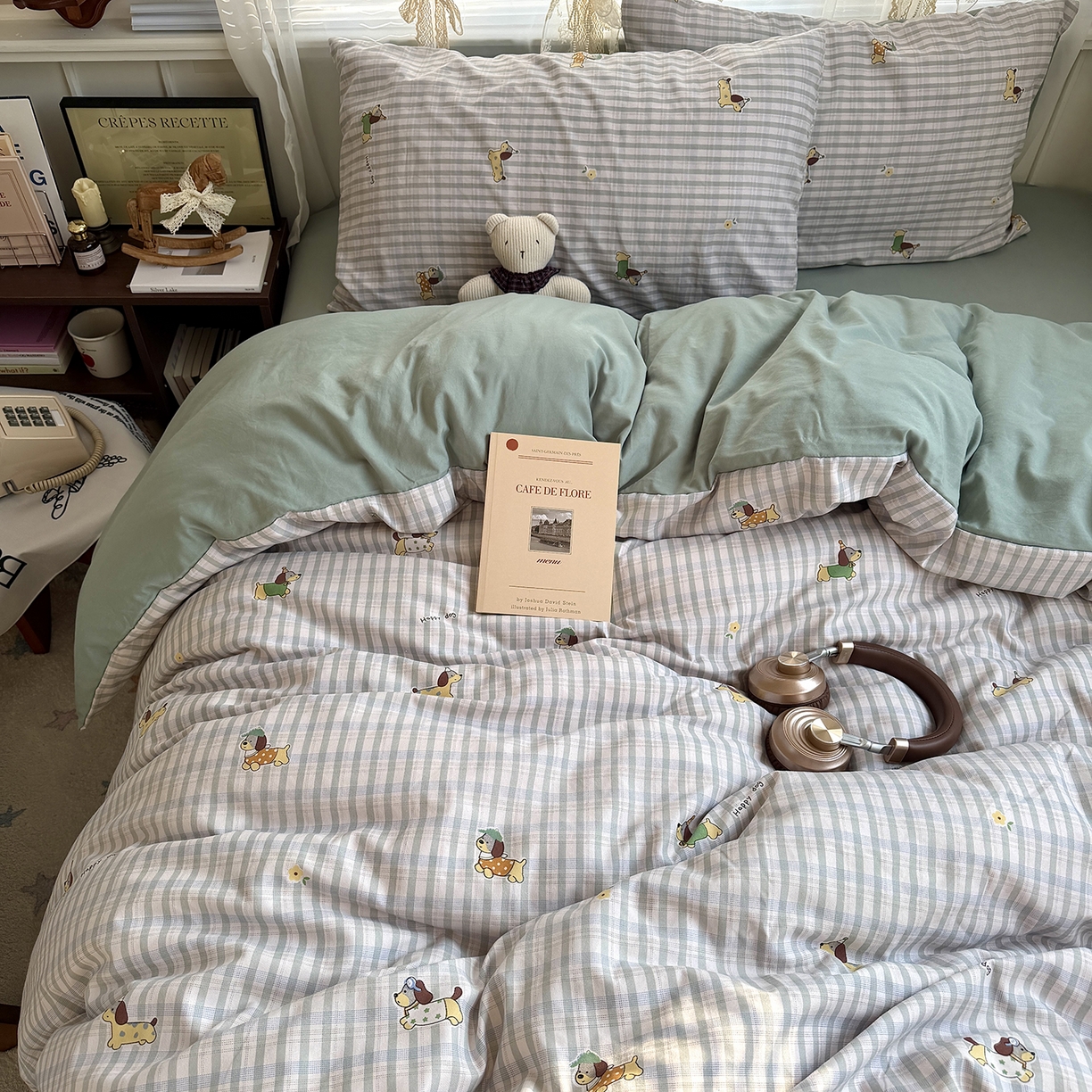 91家纺网 家纺一手货源 找家纺 原素 2026新款小清新水洗双层纱四件套 小狗欢乐颂