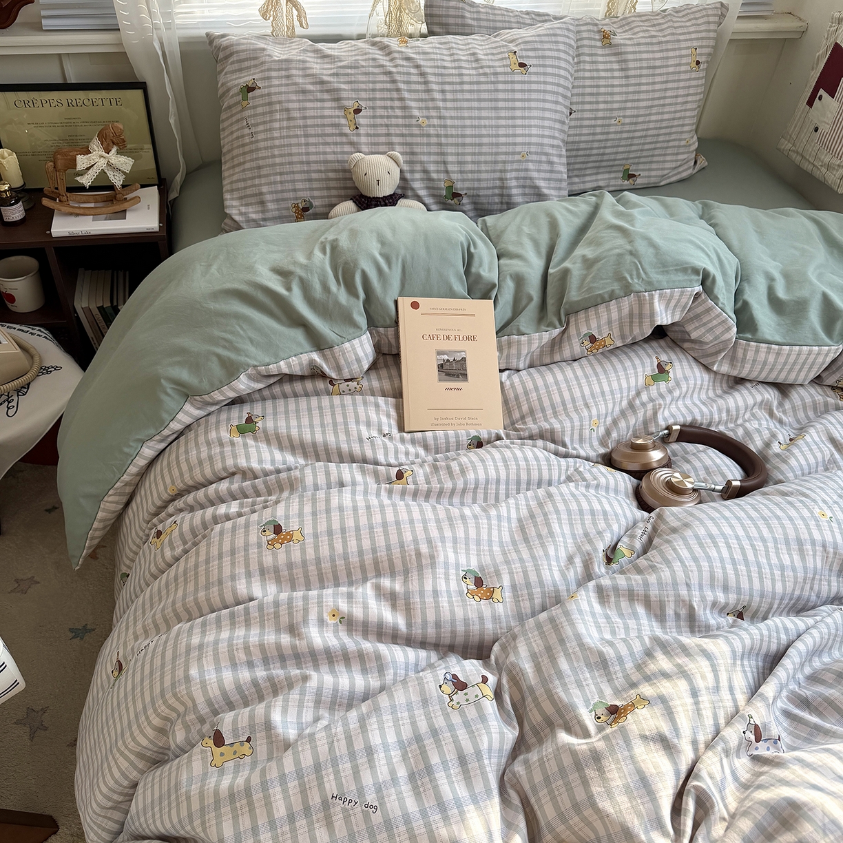 91家纺网 家纺一手货源 找家纺 原素 2026新款小清新水洗双层纱四件套 小狗欢乐颂