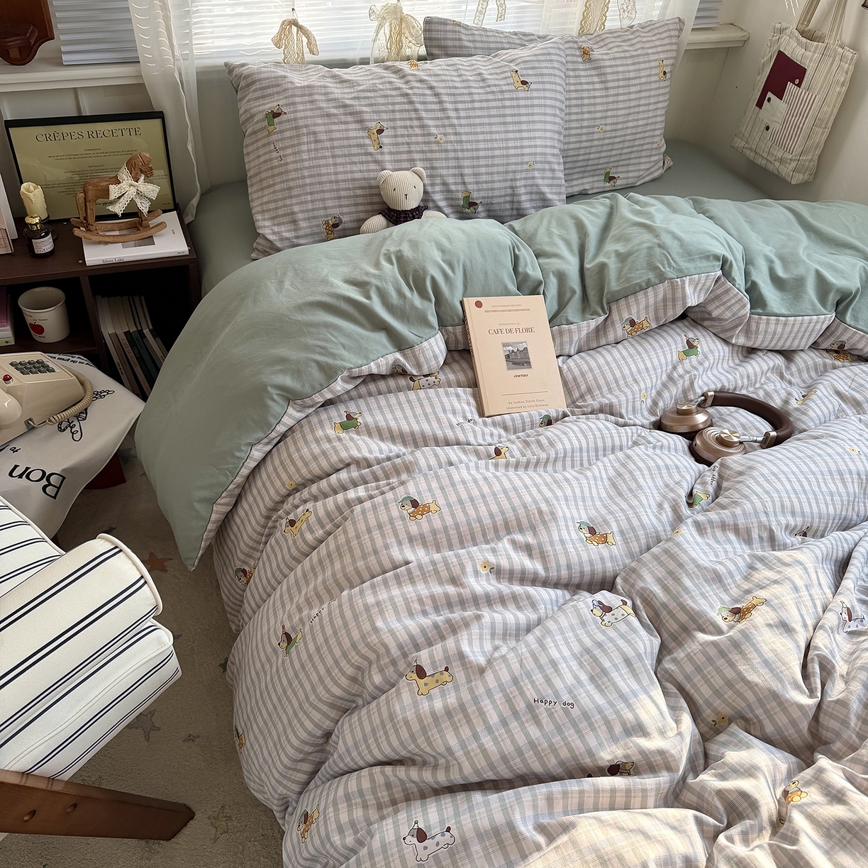 91家纺网 家纺一手货源 找家纺 原素 2026新款小清新水洗双层纱四件套 小狗欢乐颂