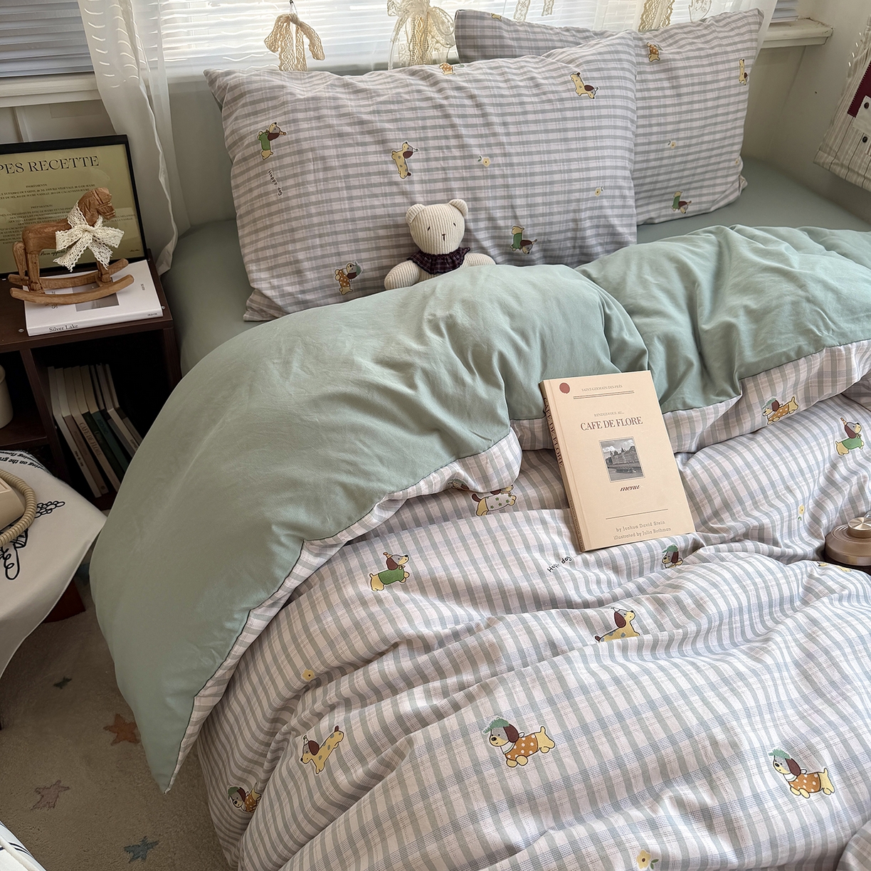 91家纺网 家纺一手货源 找家纺 原素 2026新款小清新水洗双层纱四件套 小狗欢乐颂