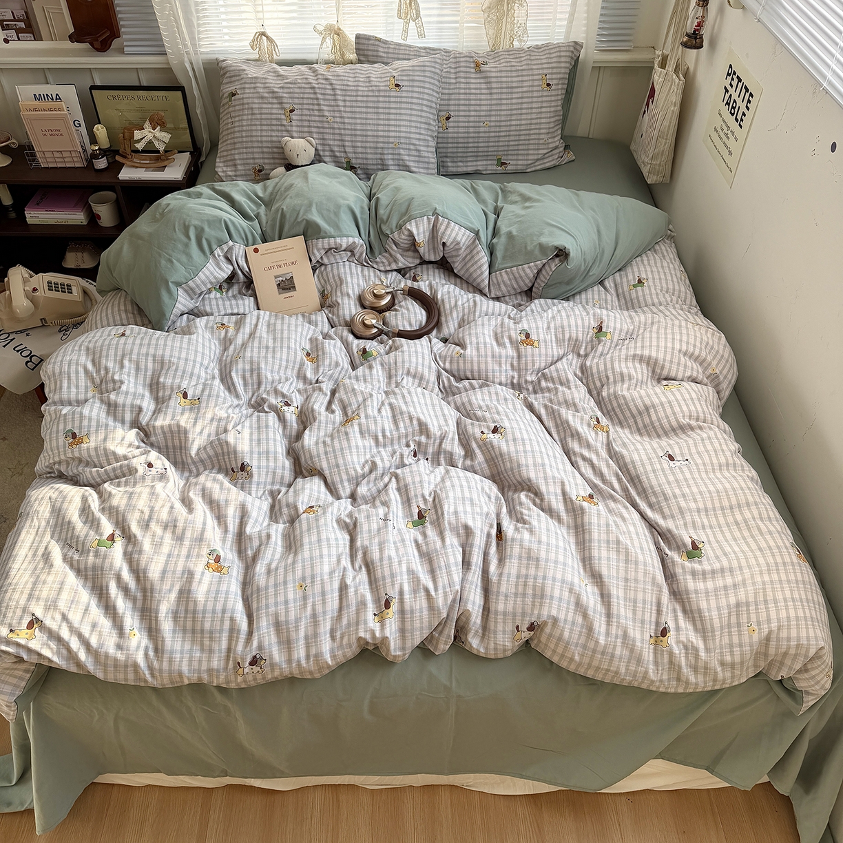 91家纺网 家纺一手货源 找家纺 原素 2026新款小清新水洗双层纱四件套 小狗欢乐颂