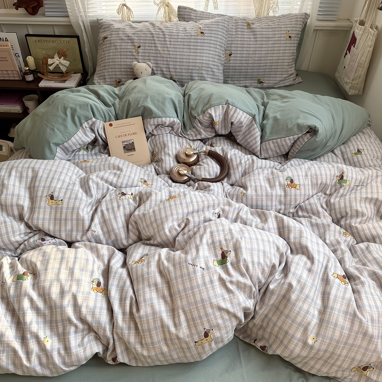 91家纺网 家纺一手货源 找家纺 原素 2026新款小清新水洗双层纱四件套 小狗欢乐颂