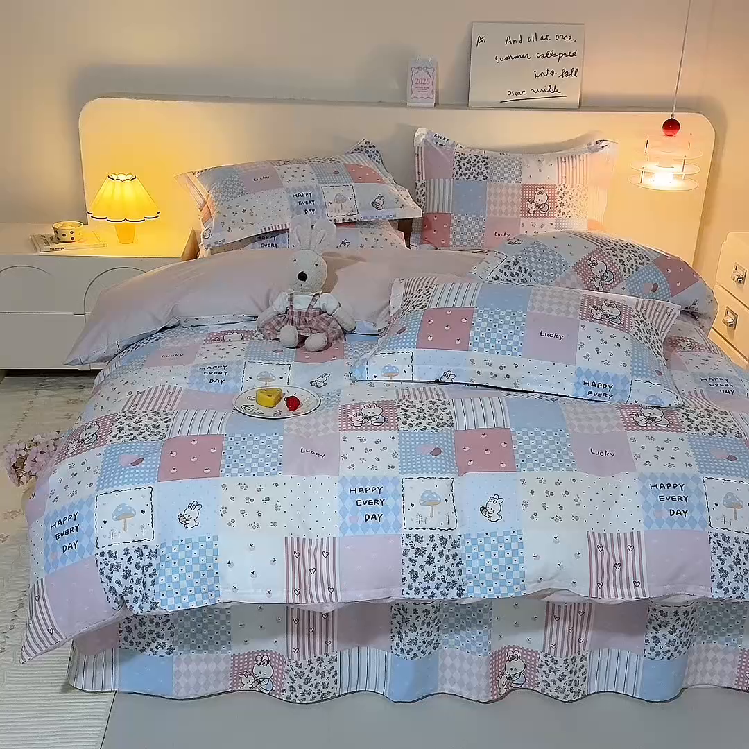 91家纺网 家纺一手货源 找家纺 八十八家纺 2025新款全棉12868床裙款四件套 花点小兔