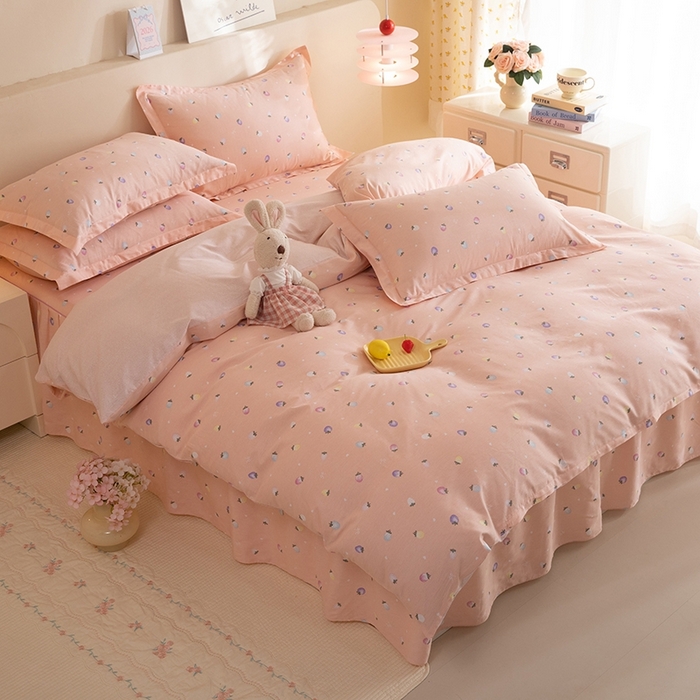 91家纺网 家纺一手货源 找家纺 八十八家纺 2025新款全棉12868床裙款四件套 奶油草莓