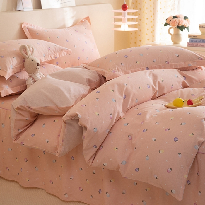 91家纺网 家纺一手货源 找家纺 八十八家纺 2025新款全棉12868床裙款四件套 奶油草莓