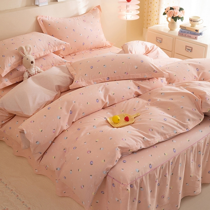 91家纺网 家纺一手货源 找家纺 八十八家纺 2025新款全棉12868床裙款四件套 奶油草莓