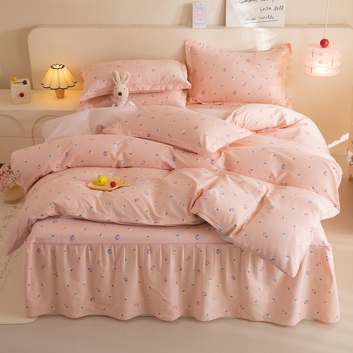 91家纺网 家纺一手货源 找家纺 八十八家纺 2025新款全棉12868床裙款四件套 奶油草莓