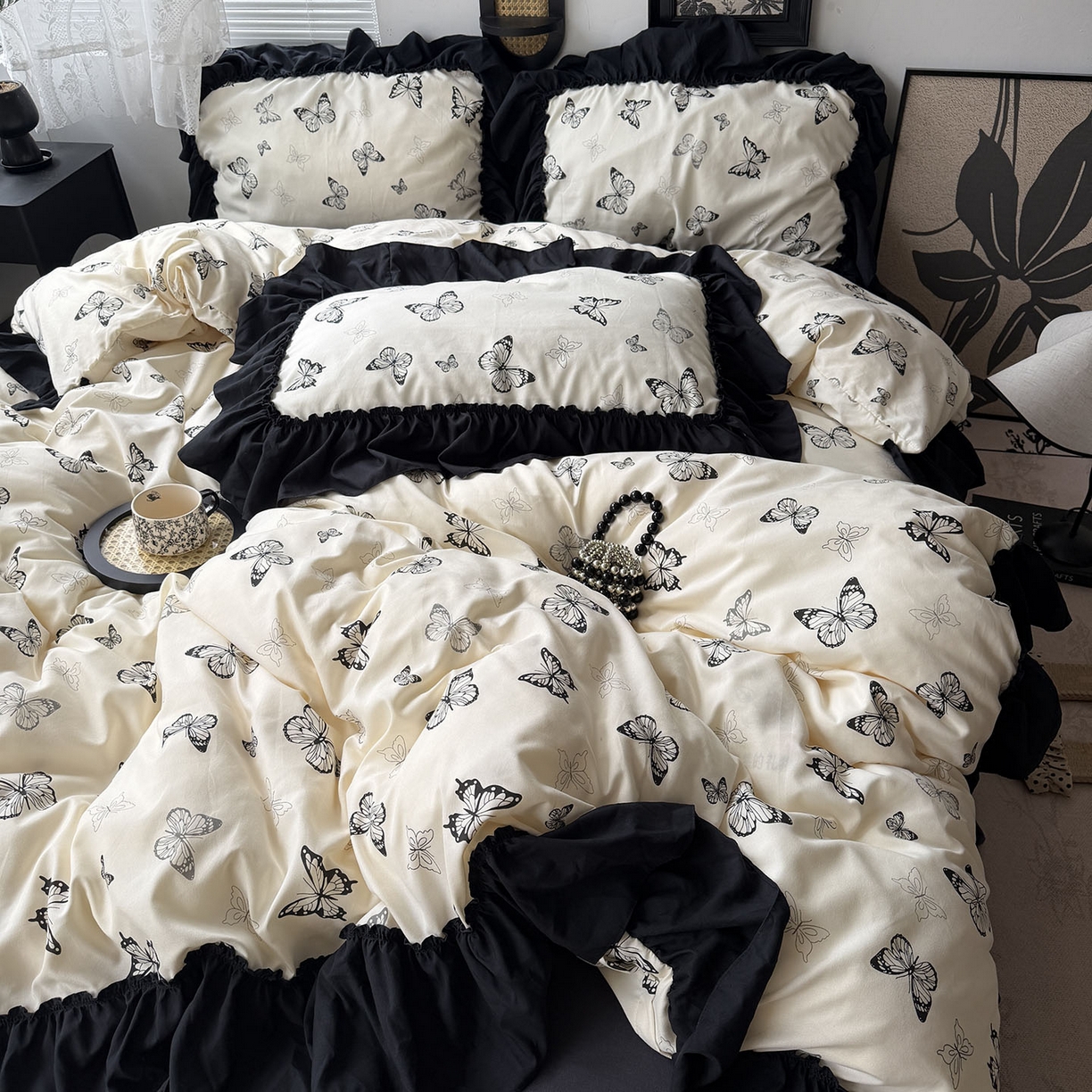 91家纺网 家纺一手货源 找家纺 原素 2026新款大黑边水洗棉四件套-安娜系列 安娜-蝴蝶