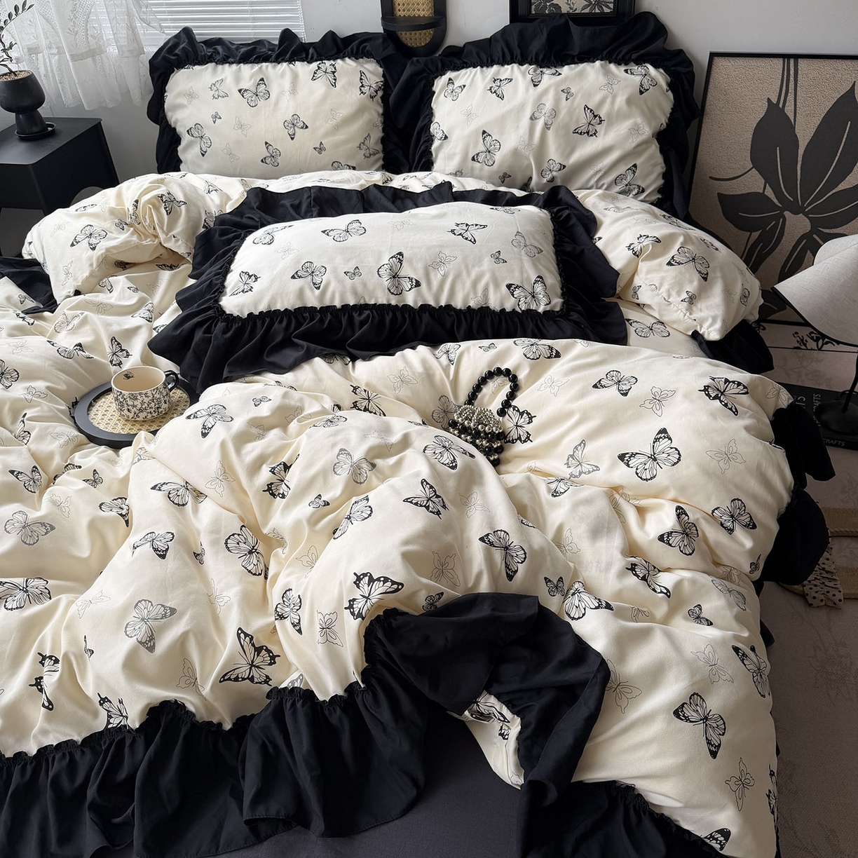 91家纺网 家纺一手货源 找家纺 原素 2026新款大黑边水洗棉四件套-安娜系列 安娜-蝴蝶